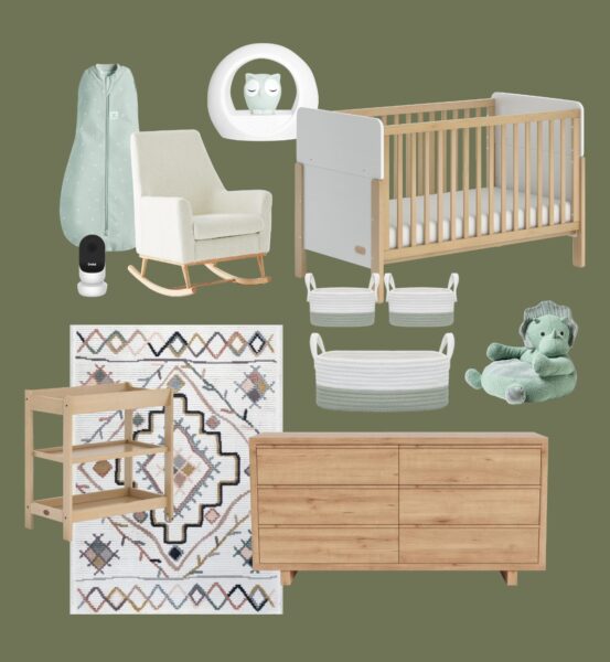 baby nursery decor, rocking chair, storage baskets, cot, dressing cabinet, rug