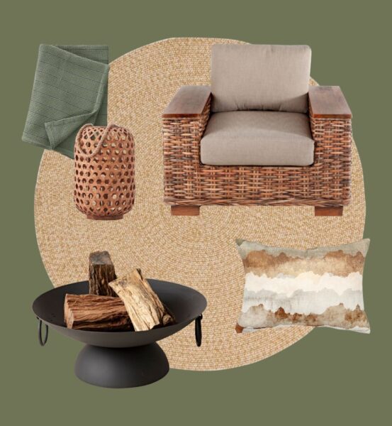 outdoor chair, outdoor lamp, firepit, cushion, outdoor rug, twilight entertaining decor autumn